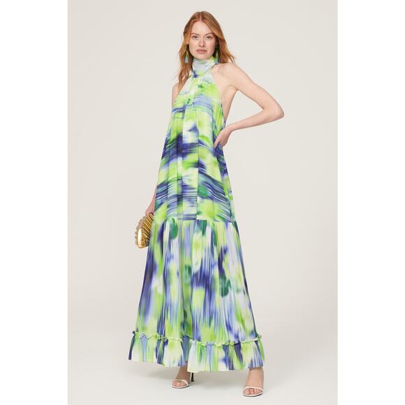 ONE33 SOCIAL Green Blue Watercolor Abstract Halter Neck Tie Dye Dress Gown SZ 4 - Picture 1 of 16